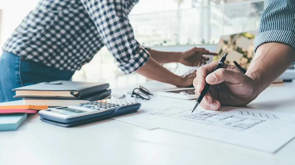 An image of two people planning to build their own hotel